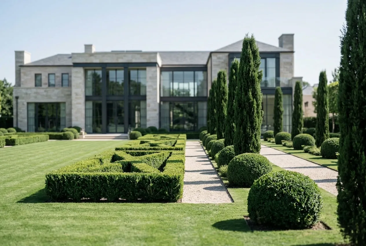 Manicured grounds and landscaping of a grand luxury estate on a bright day