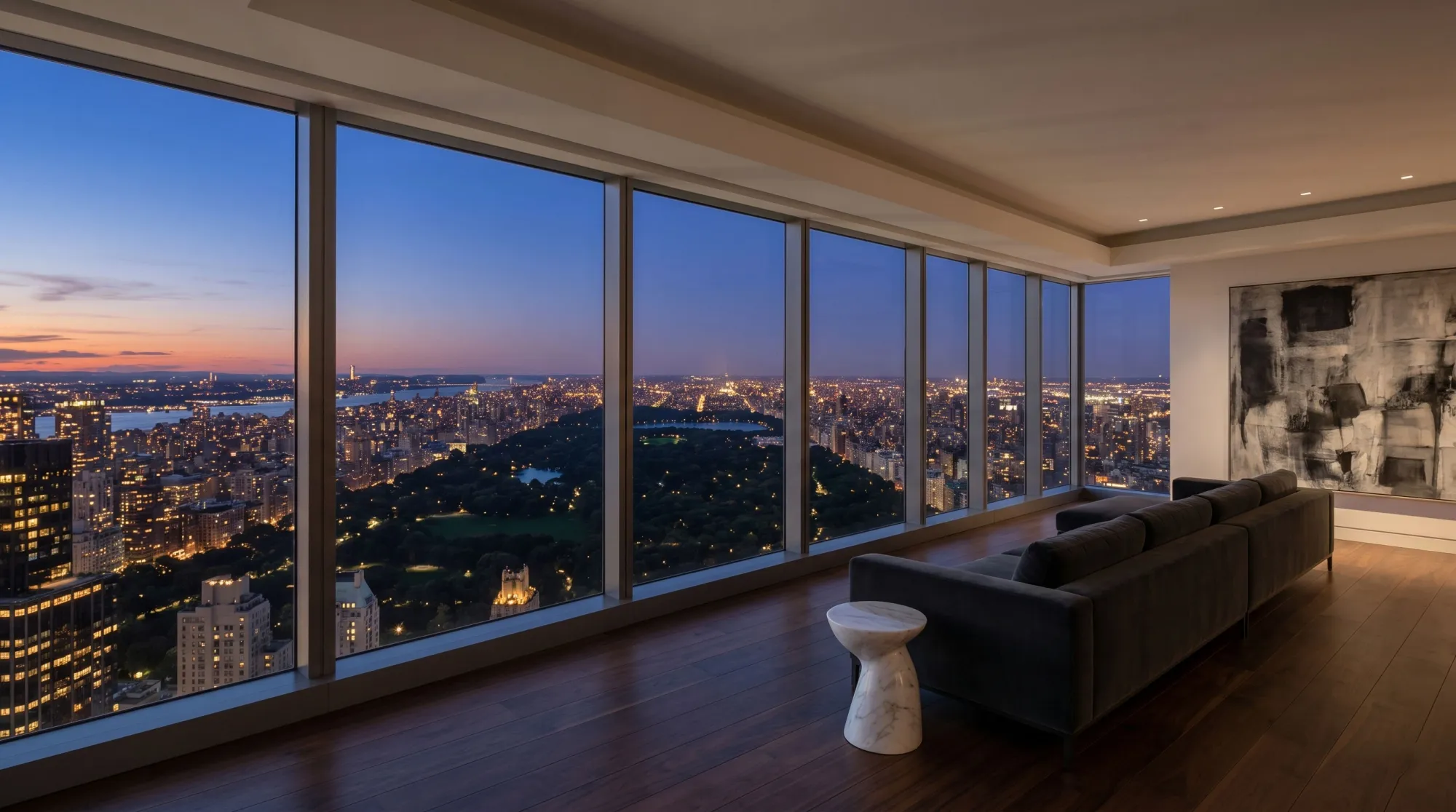 Manhattan supertall penthouse at twilight overlooking Central Park and the Midtown skyline — the vertical version of the $100M+ trophy market.