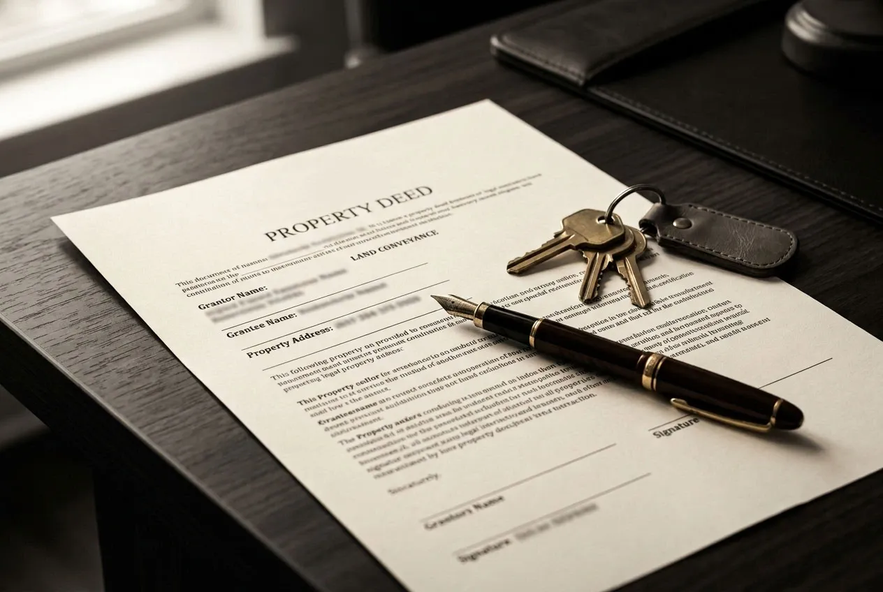 Property deed, fountain pen, and house keys on a dark desk, evoking private and anonymous home ownership