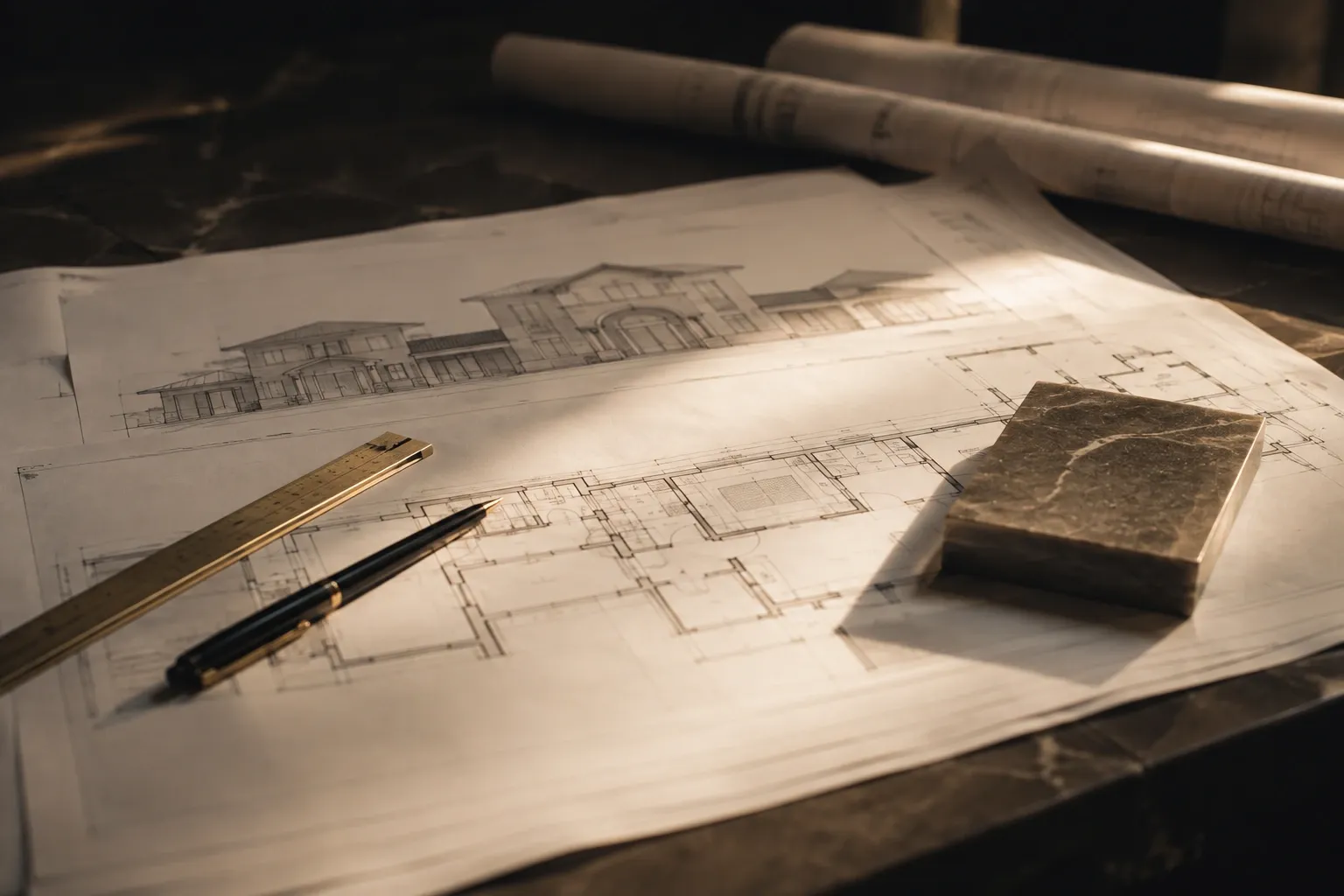 Luxury home architectural blueprints with a scale ruler and material sample on a dark table
