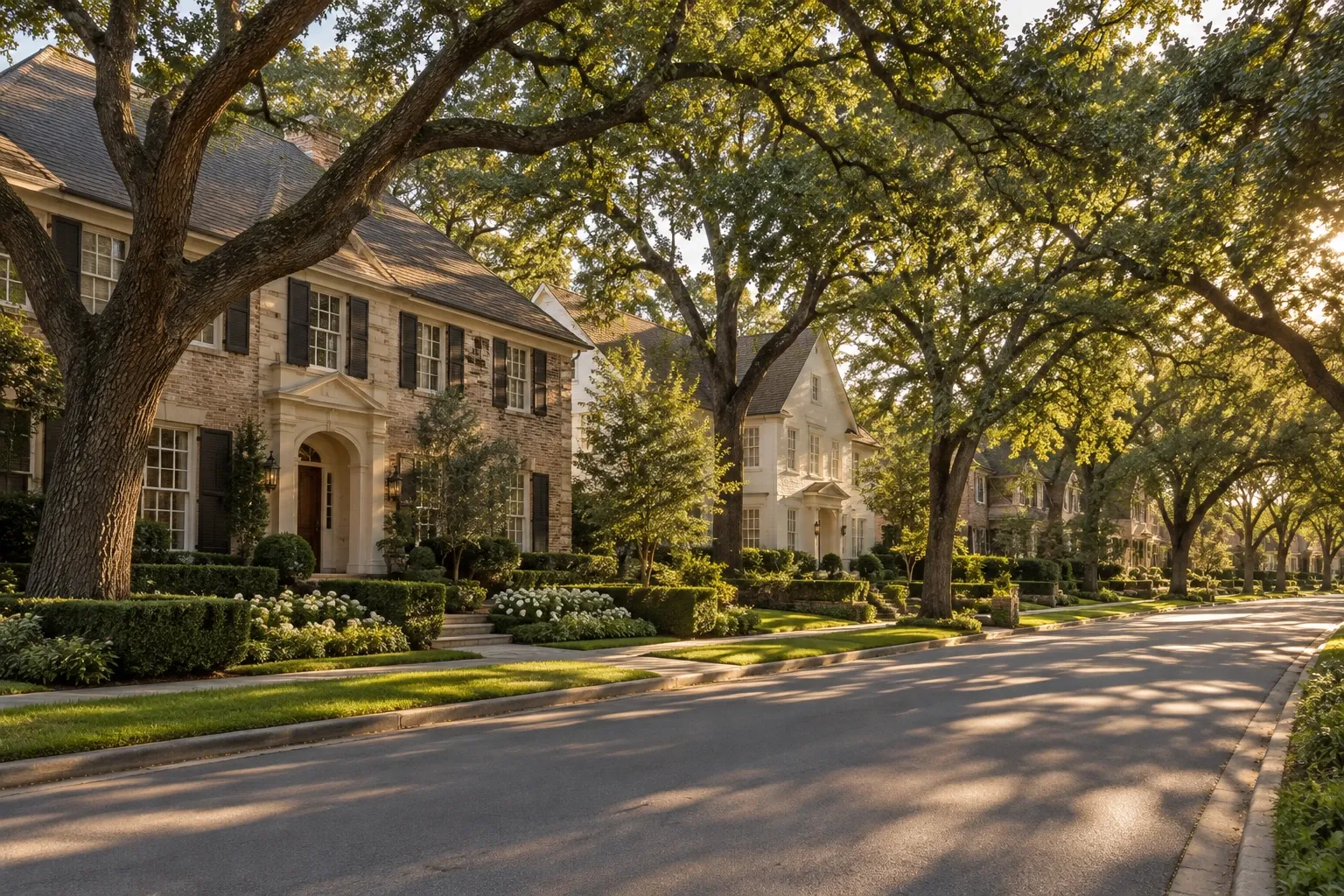 Large traditional homes on small, closely spaced lots under mature oak trees, illustrating the scarce close-in land of neighborhoods like Highland Park.