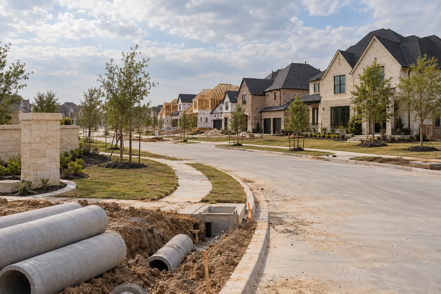 New luxury homes under construction on a freshly built street in a North Texas master-planned community, with drainage pipe stacked at the curb.