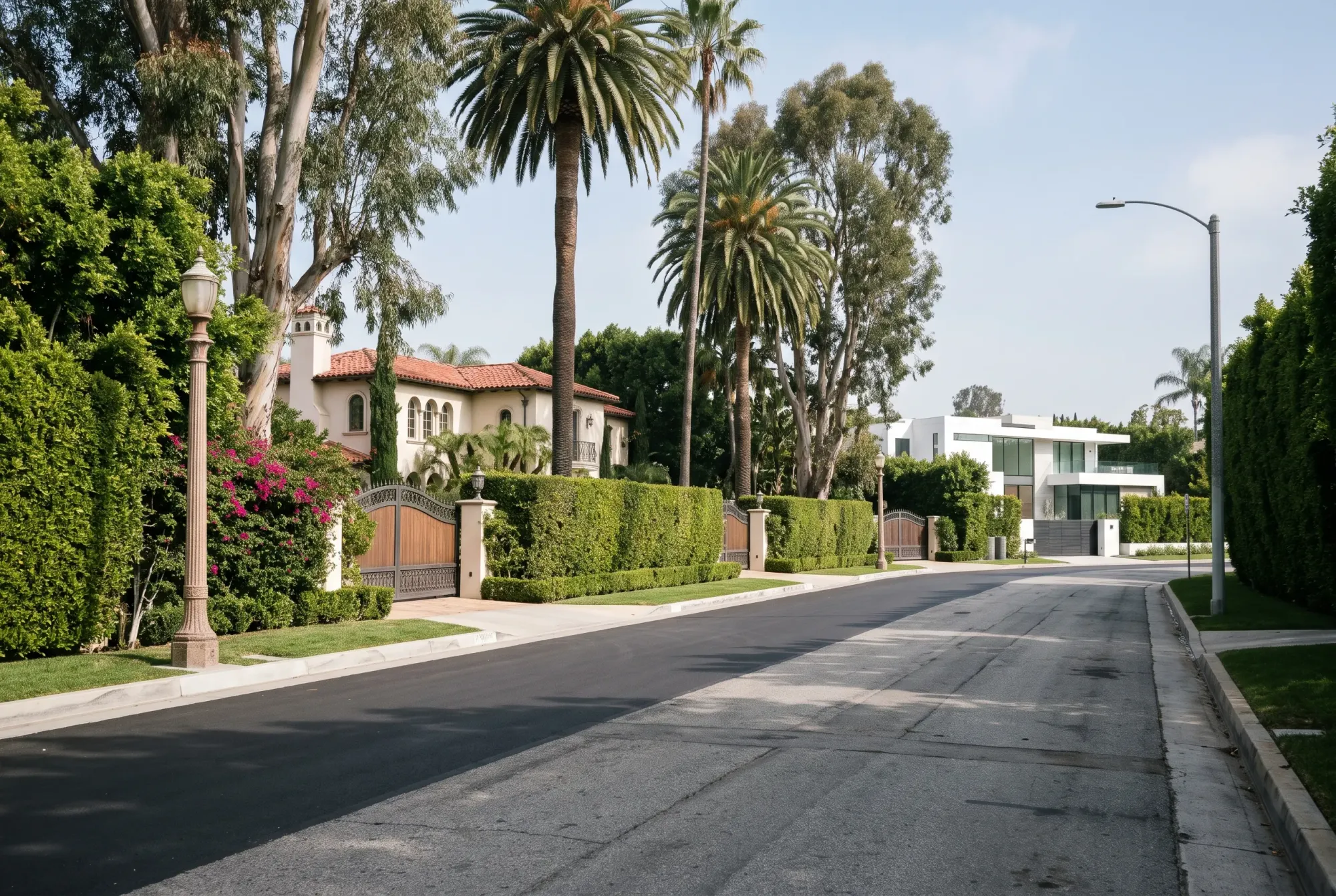A Los Angeles residential street where the paving and streetlights change partway along, behind gated luxury homes and tall hedges.