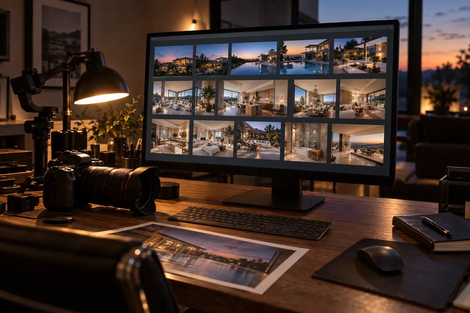 Monitor showing a grid of full-resolution photos of a luxury home beside a camera and gimbal.