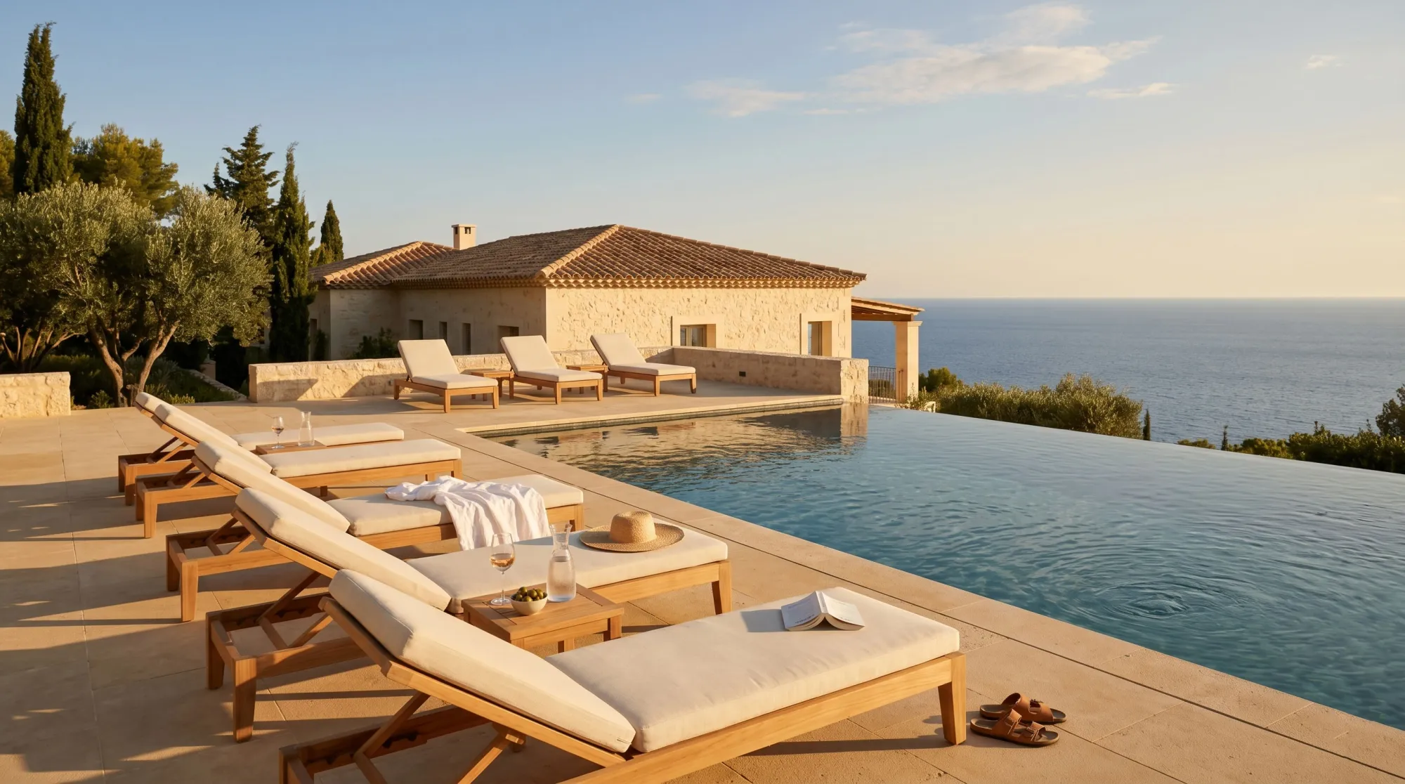 Late-afternoon pool deck of a luxury villa with loungers, towels, glasses of rosé, and a sun hat — evidence of the shared space a mansion rental delivers and a hotel cannot.