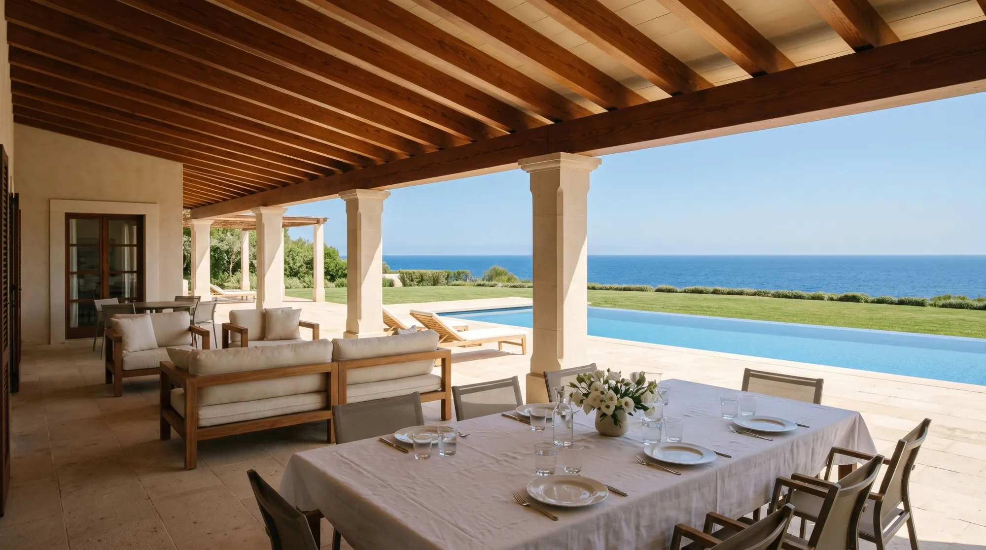 Covered terrace of a luxury villa with an outdoor dining table set for eight, opening onto an infinity pool and ocean view — the experience a mansion rental actually delivers for groups.