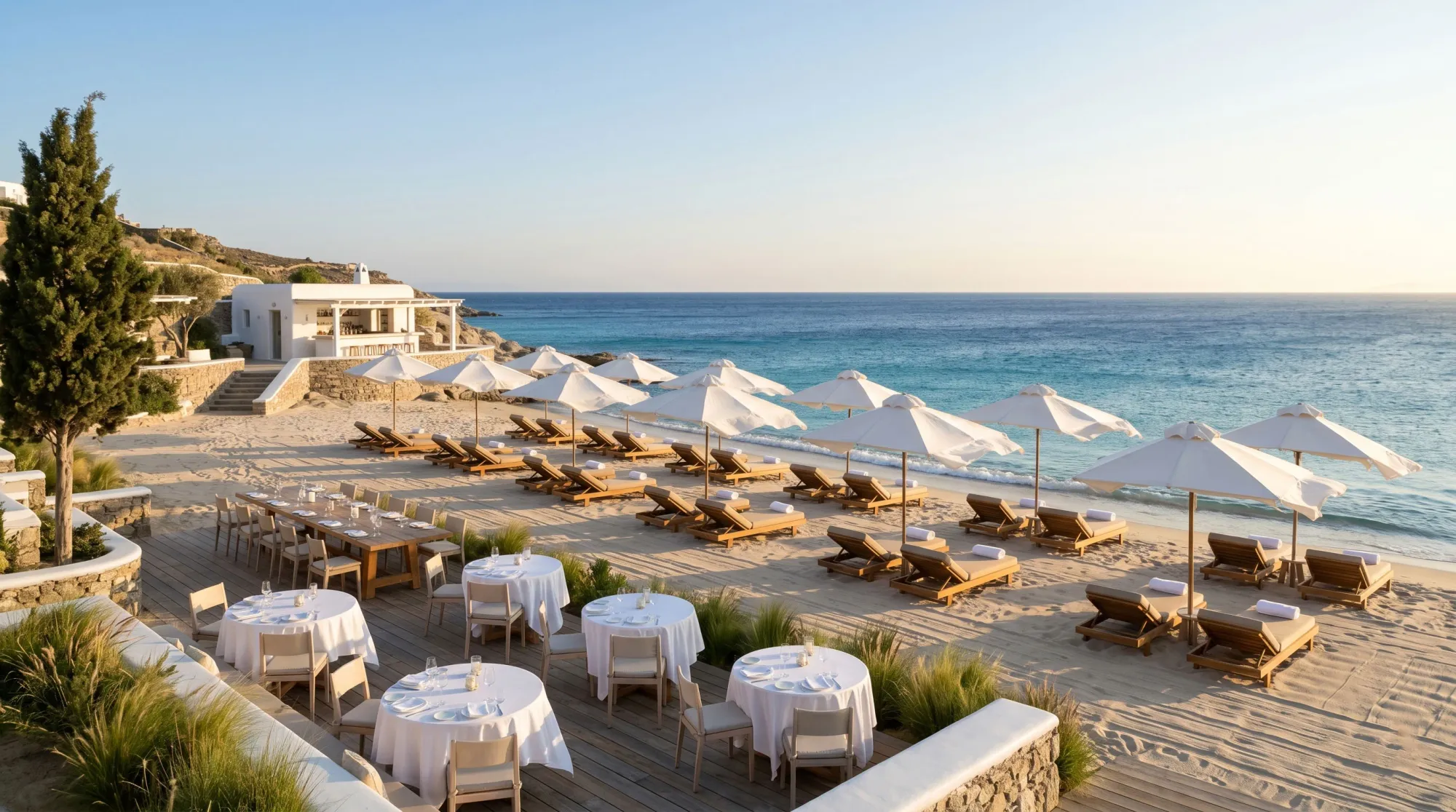 Empty Mykonos beach club at late afternoon — white parasols, linen-draped tables on the sand, the still hour between lunch and evening service before peak season fills it.