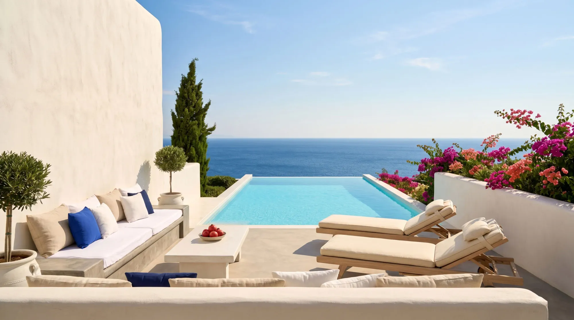 Cycladic luxury villa terrace with whitewashed walls, blue cushions, bougainvillea, and an infinity pool dissolving into the Aegean — the architectural language the next ten villa categories share.
