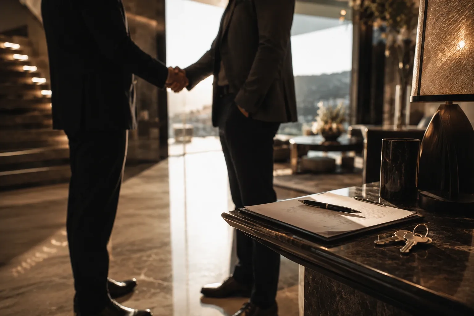 Two figures shaking hands in the foyer of a luxury mansion during a private home sale