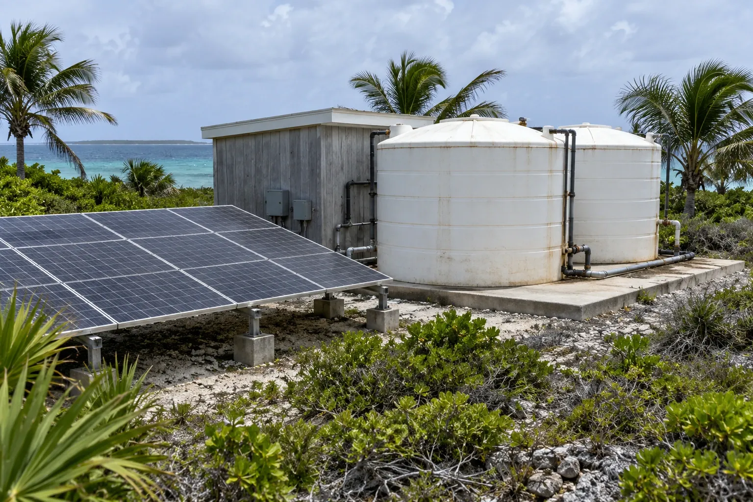 Solar array and water storage tanks on a small island, representing the off-grid systems a private island owner maintains.