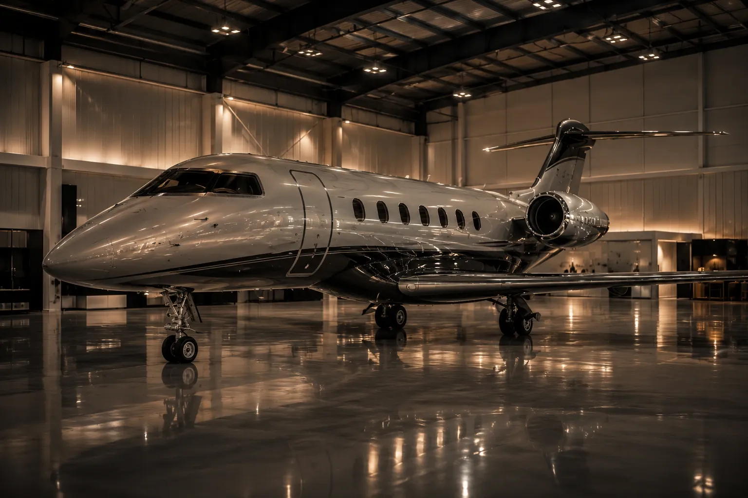 Private jet parked inside a large, immaculate hangar under soft overhead lighting