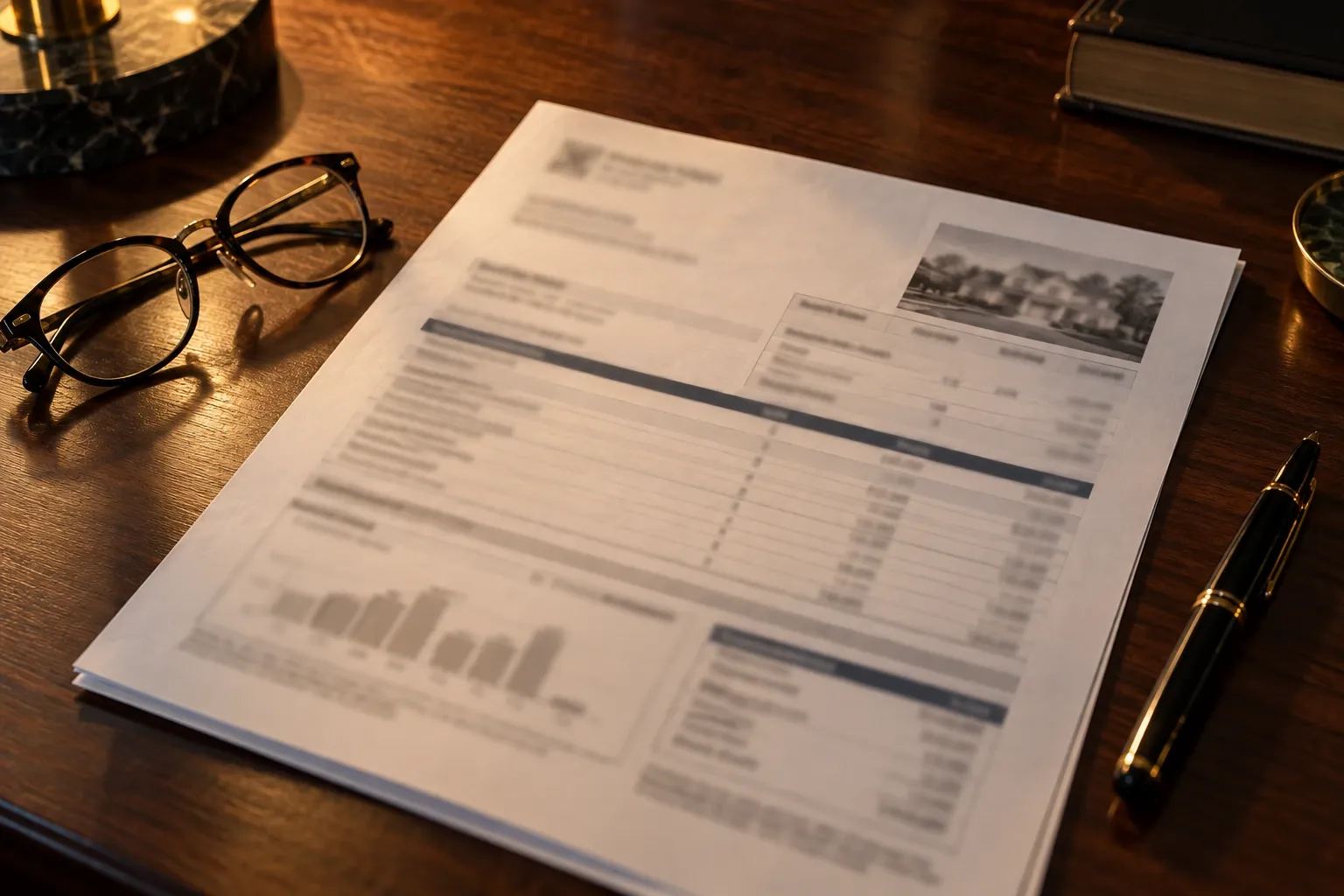 Property tax statement on a desk beside reading glasses and a pen, representing the annual tax bill on a luxury home.