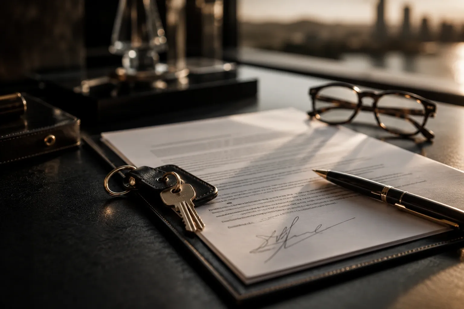Signed closing document, luxury pen, and keys on a dark desk, representing a real estate commission