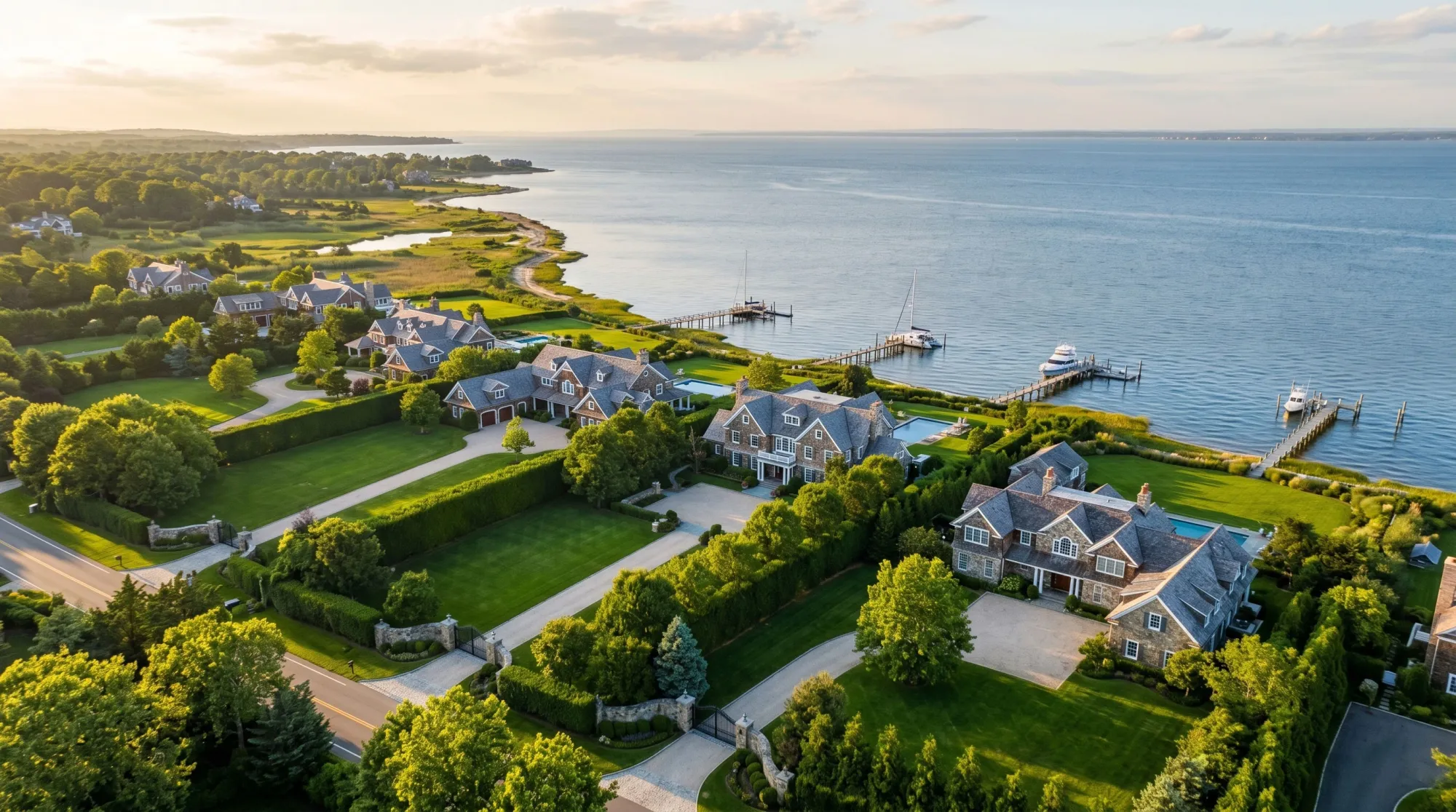 Aerial view of an affluent Northeastern coastal estate enclave at golden hour, with gated waterfront mansions, mature tree canopy, and private docks along the Long Island Sound — the visual signature of Tri-State Gold Coast wealth.