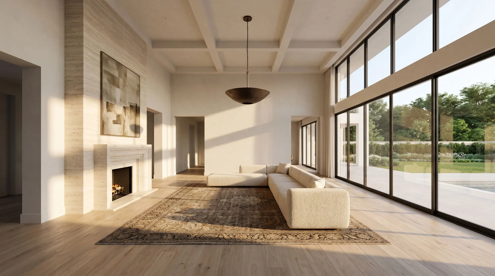 Double-height great room in an ultra-luxury modern estate with floor-to-ceiling glass, white oak floors, travertine fireplace, and warm afternoon light — interior typical of $10M+ listings.